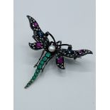 Ruby, emerald, sapphire and diamond dragonfly brooch.