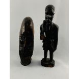 Two African Tribal Carved Figures, Warrior with club & Deity Head