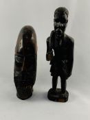 Two African Tribal Carved Figures, Warrior with club & Deity Head