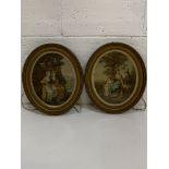 Pair of Victorian oval gilt gesso framed period prints of ladies, 34 x 44cms.