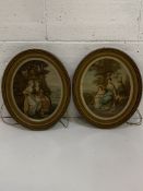 Pair of Victorian oval gilt gesso framed period prints of ladies, 34 x 44cms.