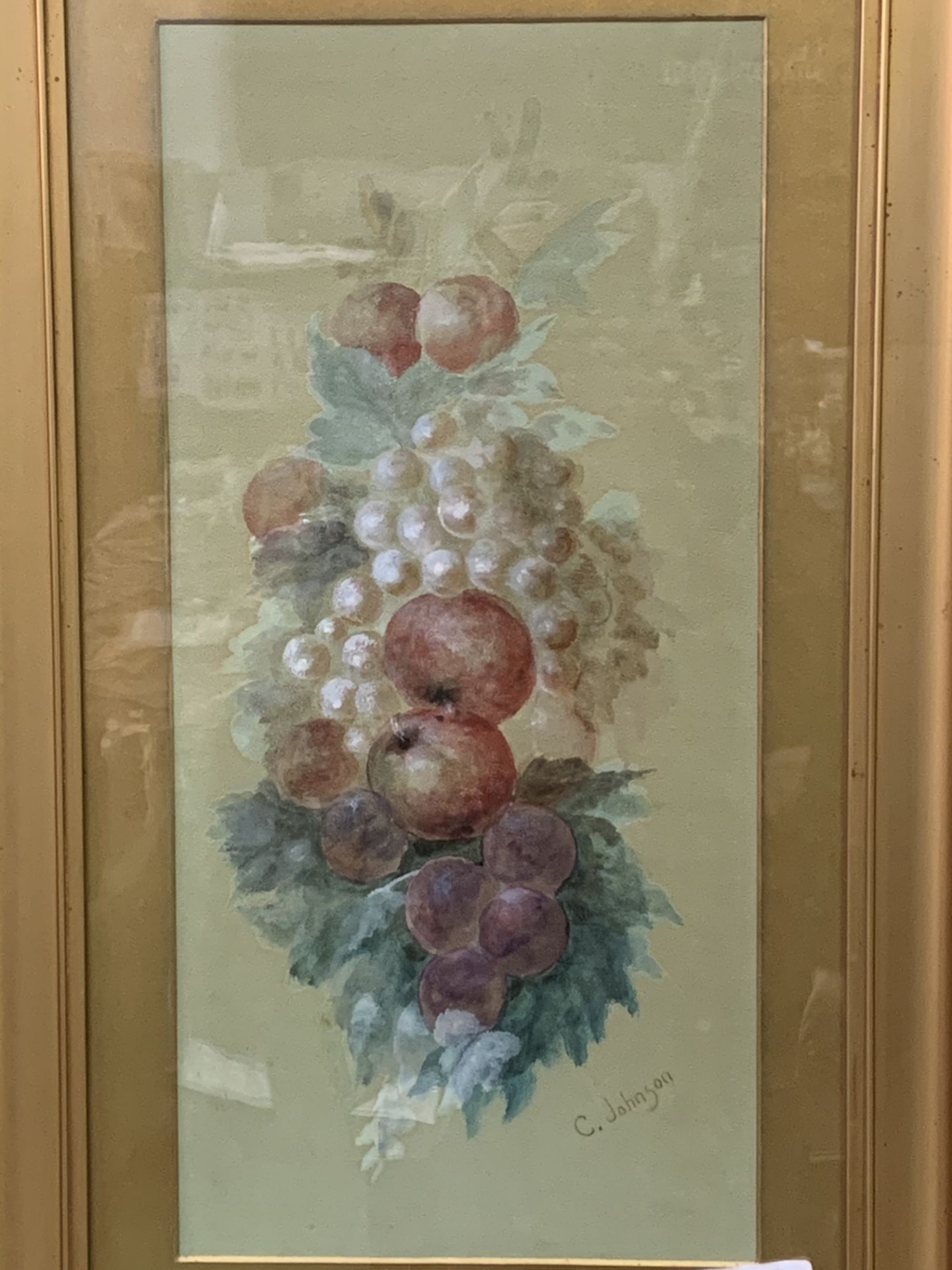 Two gilt framed and glazed oil on card still life fruit, signed C Johnson. 53 x 25cms. - Image 2 of 2
