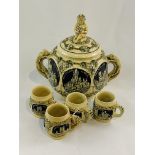 Early 20th HENKEL Germany ornate Punch Bowl and 4 cups, with Fox handles