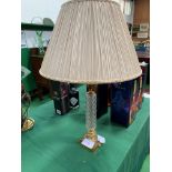 Brass and glass table lamp with shade.