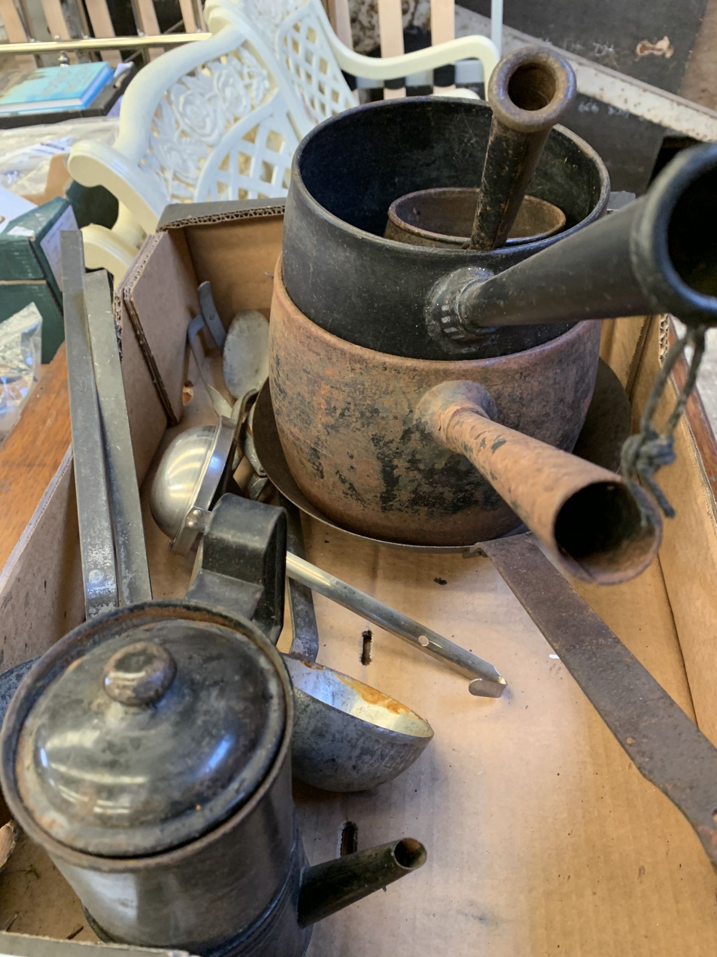 3 metal cooking pots, chestnut roasting pan, 3 ladles. - Image 2 of 3