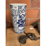 Blue and white china oriental umbrella stand and 2 Frith sculptures created by Paul Jenkins.