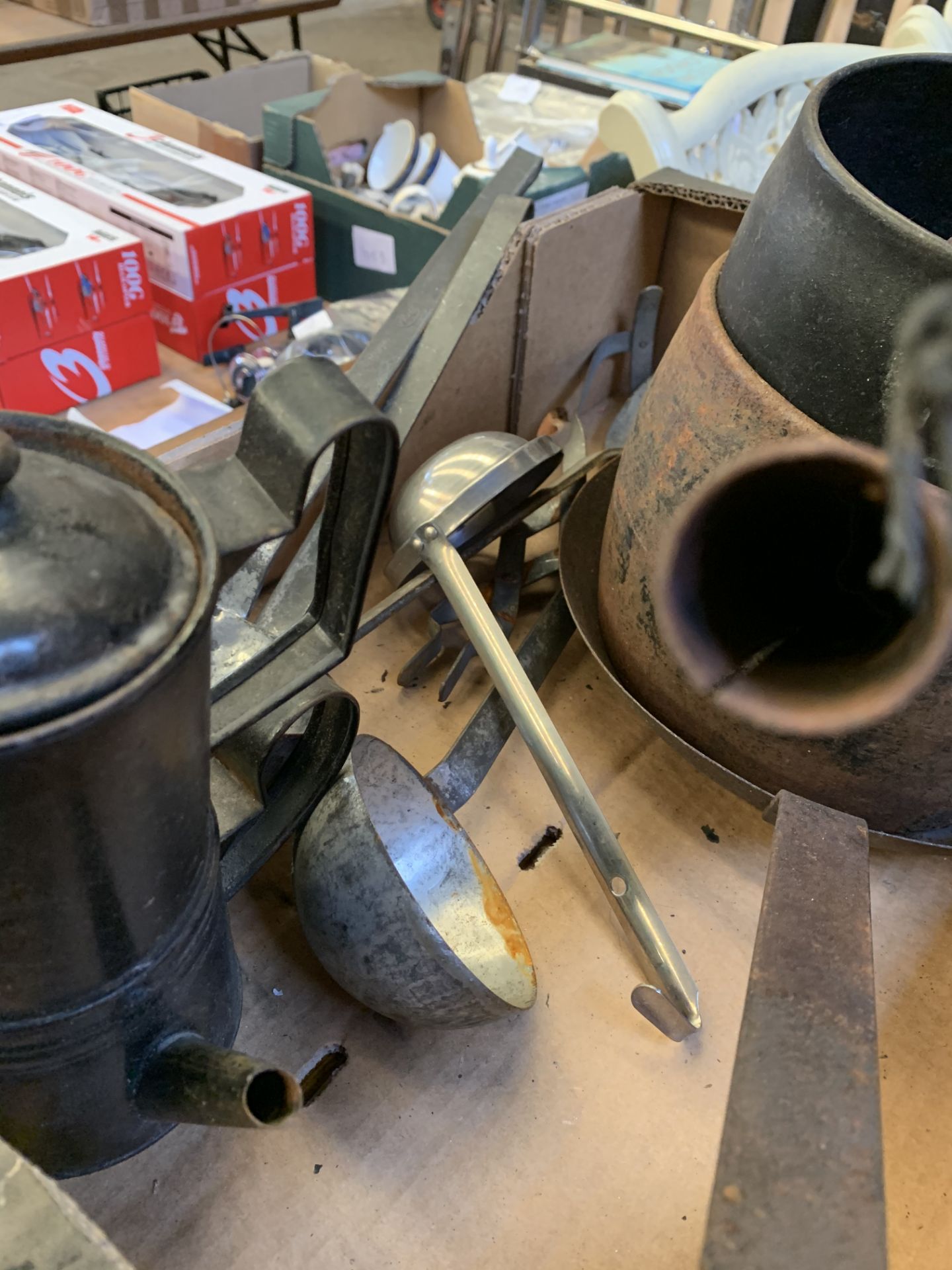3 metal cooking pots, chestnut roasting pan, 3 ladles. - Image 3 of 3