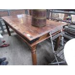 Hardwood table on 4 turned supports with metal stud decoration to edge 200 x 100 x 80cms.