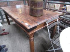 Hardwood table on 4 turned supports with metal stud decoration to edge 200 x 100 x 80cms.