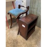 Mahogany decorative small two shelf unit, together with a mahogany framed stool with rail to back.