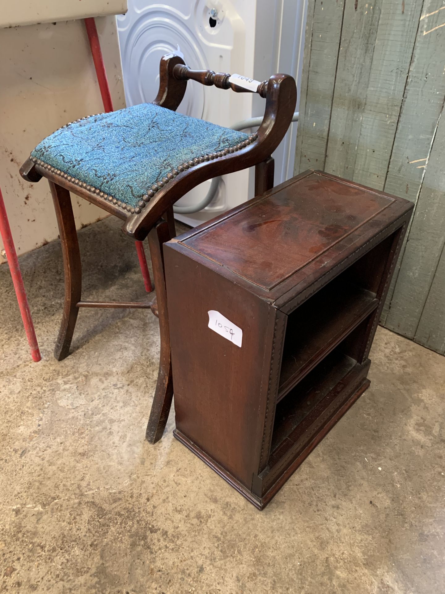 Mahogany decorative small two shelf unit, together with a mahogany framed stool with rail to back.