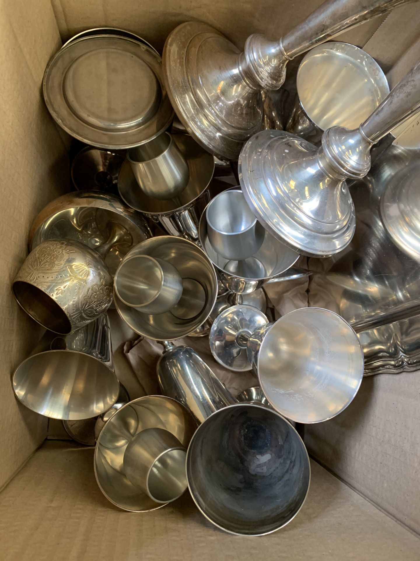 Box of boxed metal ware including silver plate candlesticks and goblets. - Image 2 of 2