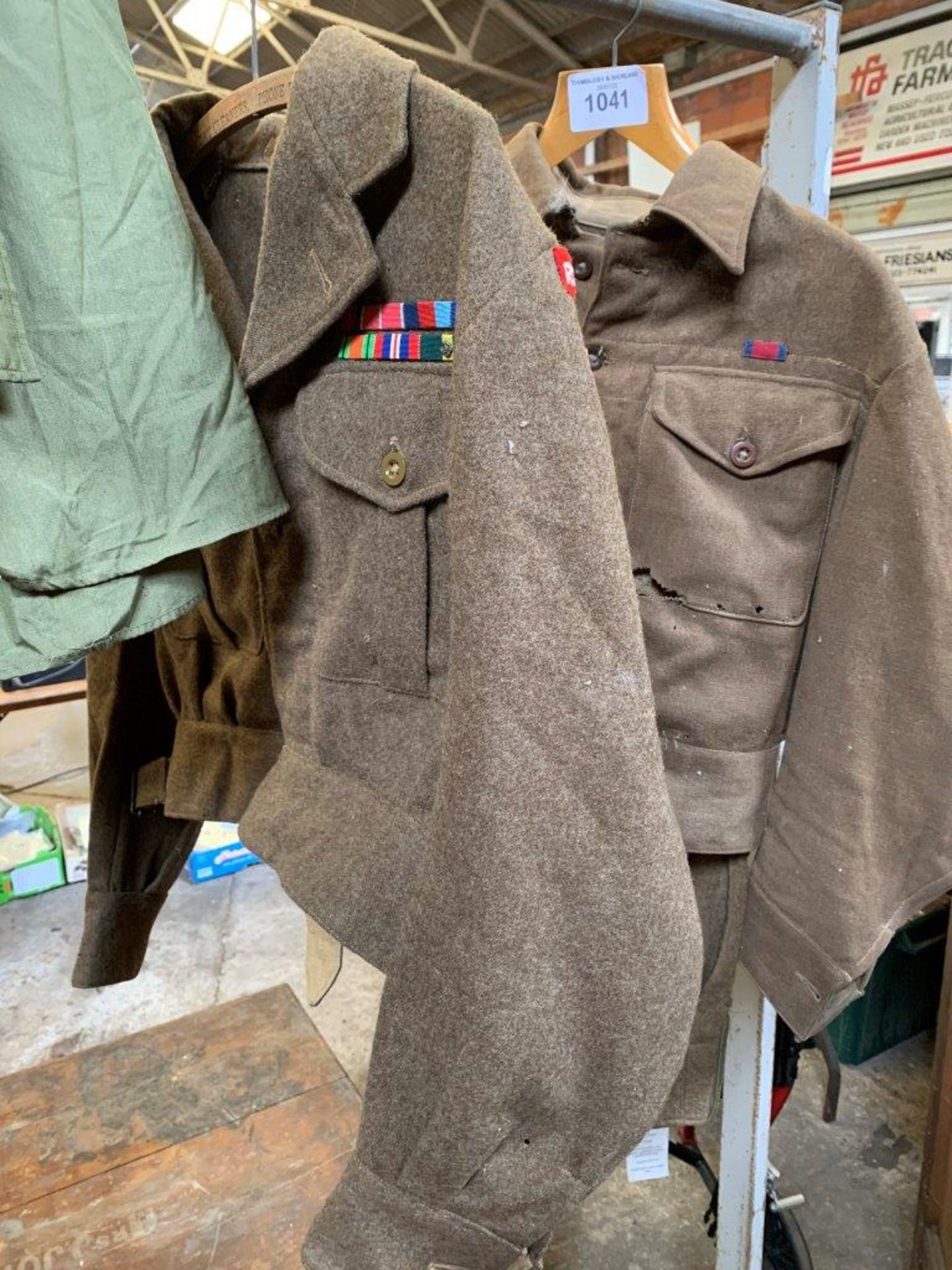 2 British Army battle dress tops, trousers, kit bag.