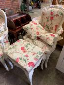 2 French style white painted upholstered bedroom chairs and a stool