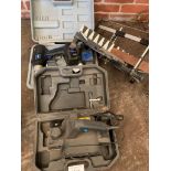 Newtool 24v battery drill; Powerbase PB650PL 240v planer; crosscut saw jig.