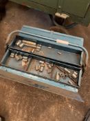 Metal cantilever toolbox and tools plus three galvanised buckets.