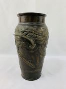 Meiji period bronze vase with etched and applied decoration of trees and a bird