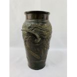 Meiji period bronze vase with etched and applied decoration of trees and a bird