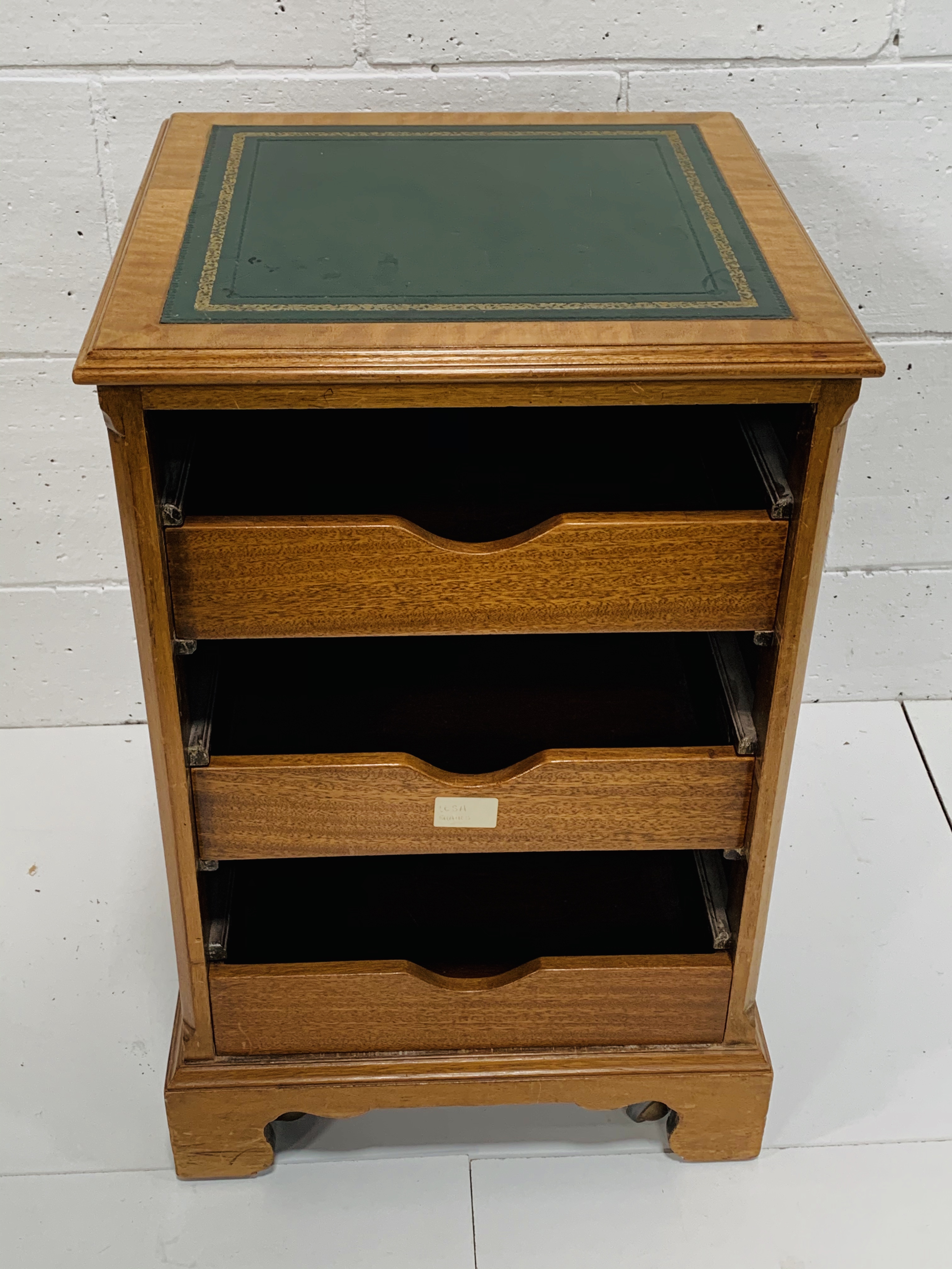 Oak sheet music cabinet with leather skiver, by Beresford & Hicks. 3 drawers missing