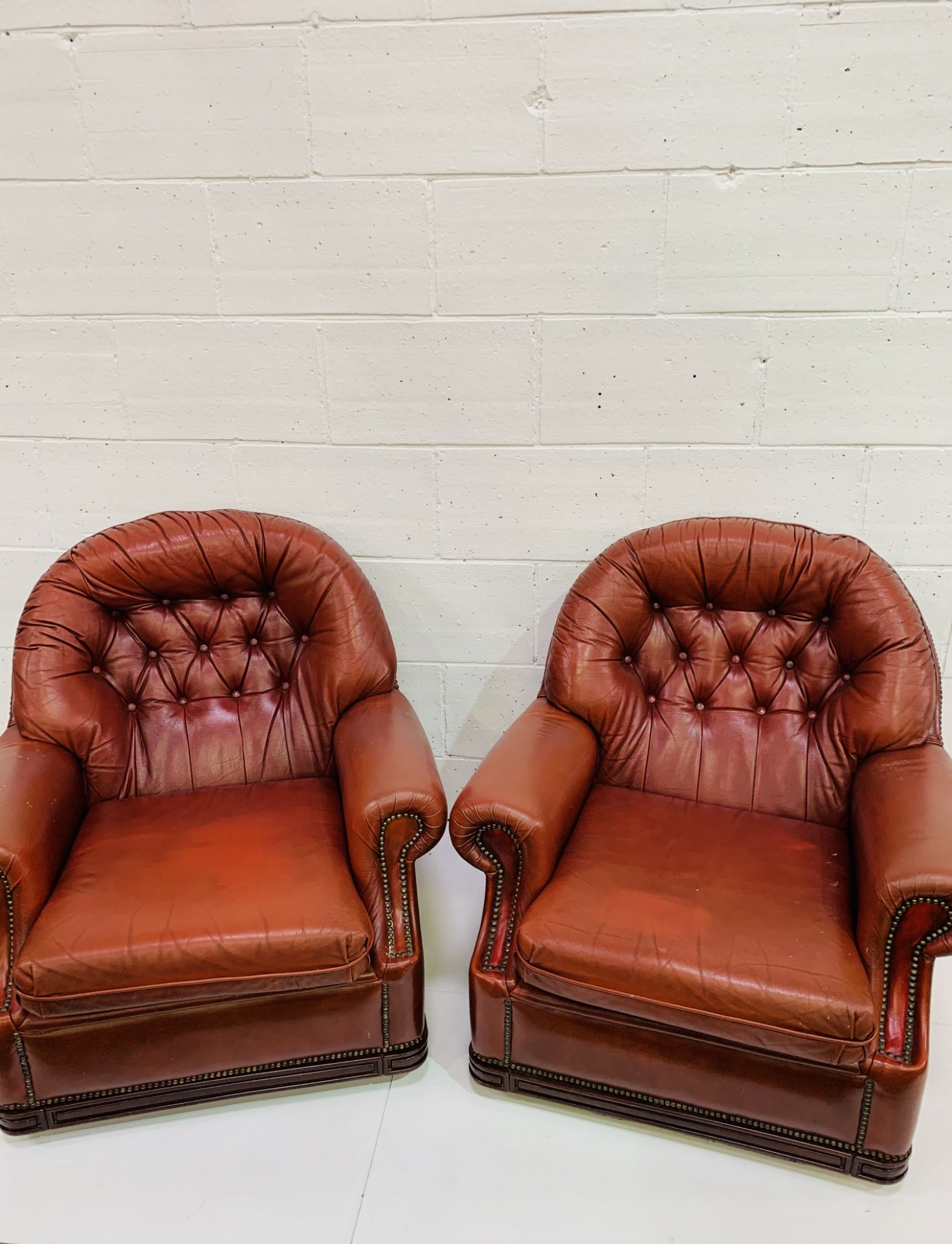Pair of button back red leather arm chairs with studded trim to arms and back. - Image 2 of 4