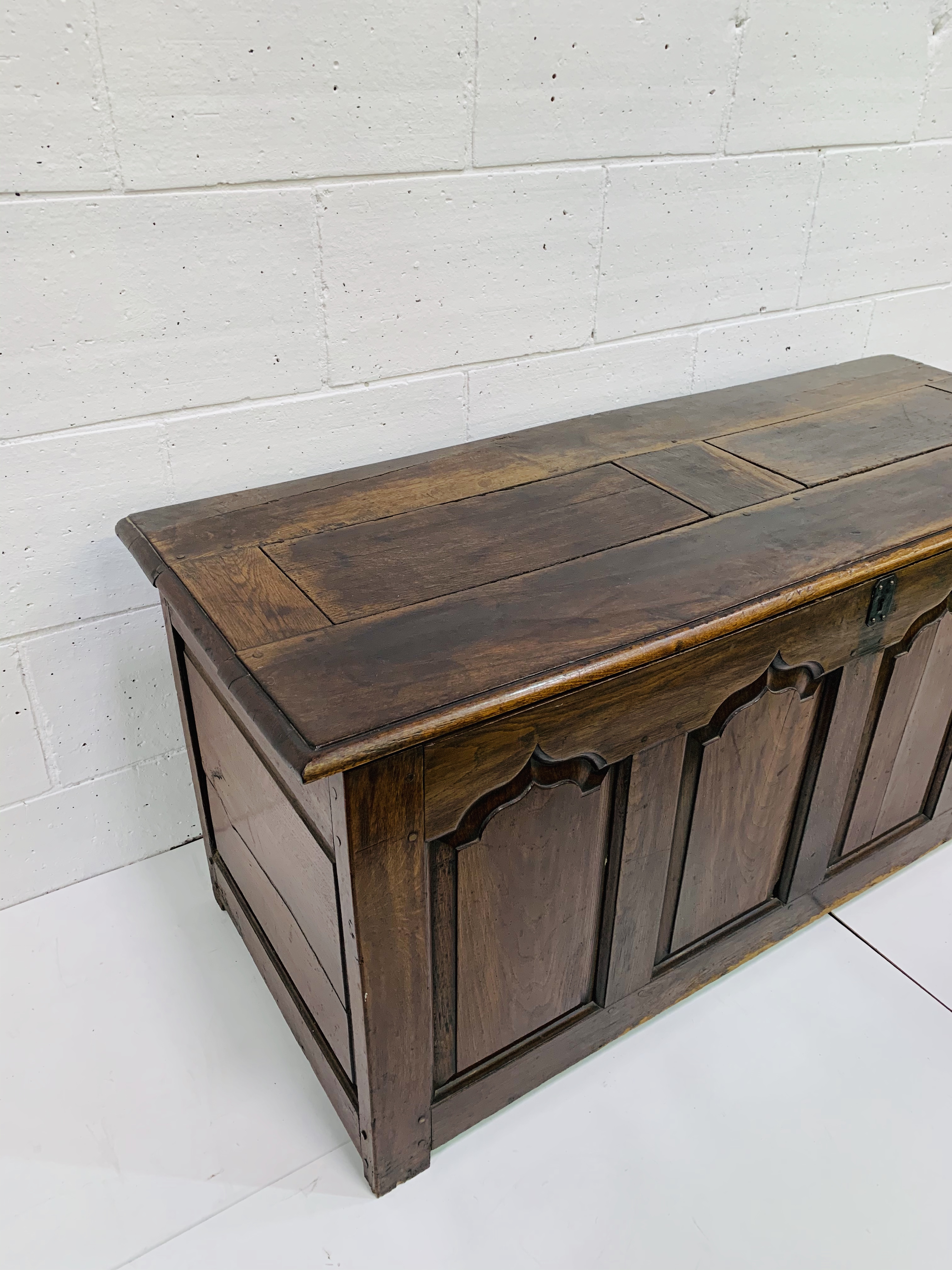 Large oak chest with four carved panels to front. - Image 2 of 4