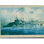 A large framed and glazed limited edition print 817/2000 of HMS Kelly in The Grand Harbour, Malta, 1