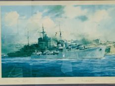 A large framed and glazed limited edition print 817/2000 of HMS Kelly in The Grand Harbour, Malta, 1