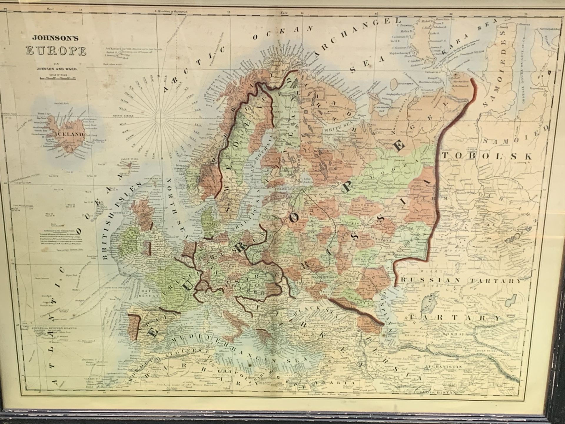 Framed and glazed Johnson's Map of Europe.