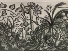 A large silver colour framed and glazed charcoal drawing of plants signed M Bass, and another