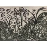 A large silver colour framed and glazed charcoal drawing of plants signed M Bass, and another