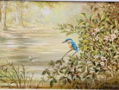 Frank Mayger oil on canvas of a Kingfisher by a river.