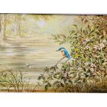 Frank Mayger oil on canvas of a Kingfisher by a river.