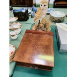 Mahogany writing box; copper long-handled warming pan; and a ceramic barn owl figure