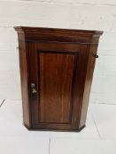 19th century oak wall mounted corner cabinet with three shape fronted shelves, complete with 2 keys.