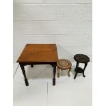 Oak side table; carved hard wood stool; inlaid Indian stool