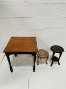 Oak side table; carved hard wood stool; inlaid Indian stool