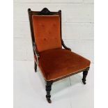 Mahogany framed burnt orange upholstered Edwardian drawing room chair.