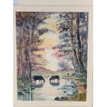 Rowland Hill 1915-1979 watercolour of cows at dusk.