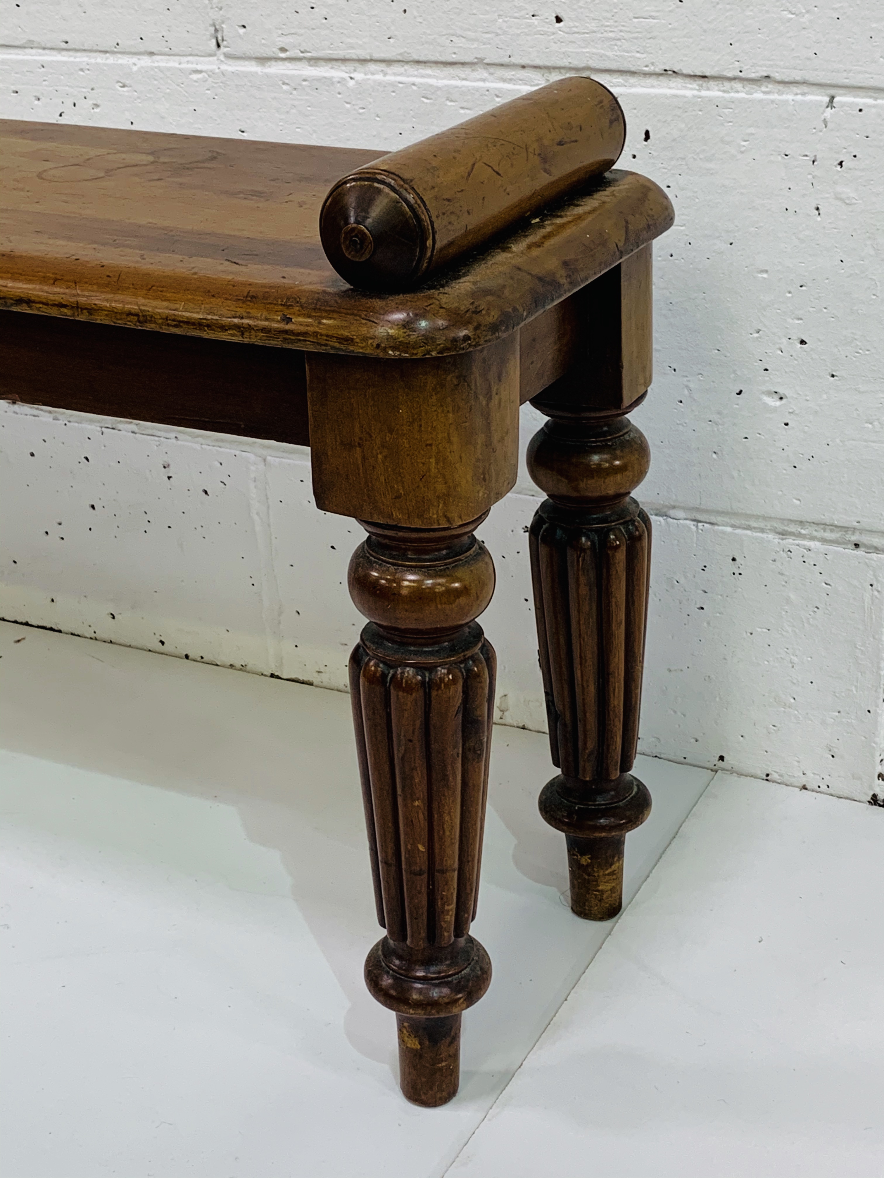 Mahogany hall bench with rolled ends on fluted legs. - Image 2 of 4