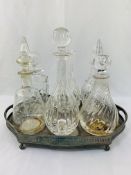 Silver plated gallery tray with inscription, together with five glass decanters and a Stuart Crystal