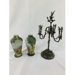 Silver plate cast 3-branch candelabra, together with 2 Gobelin vases