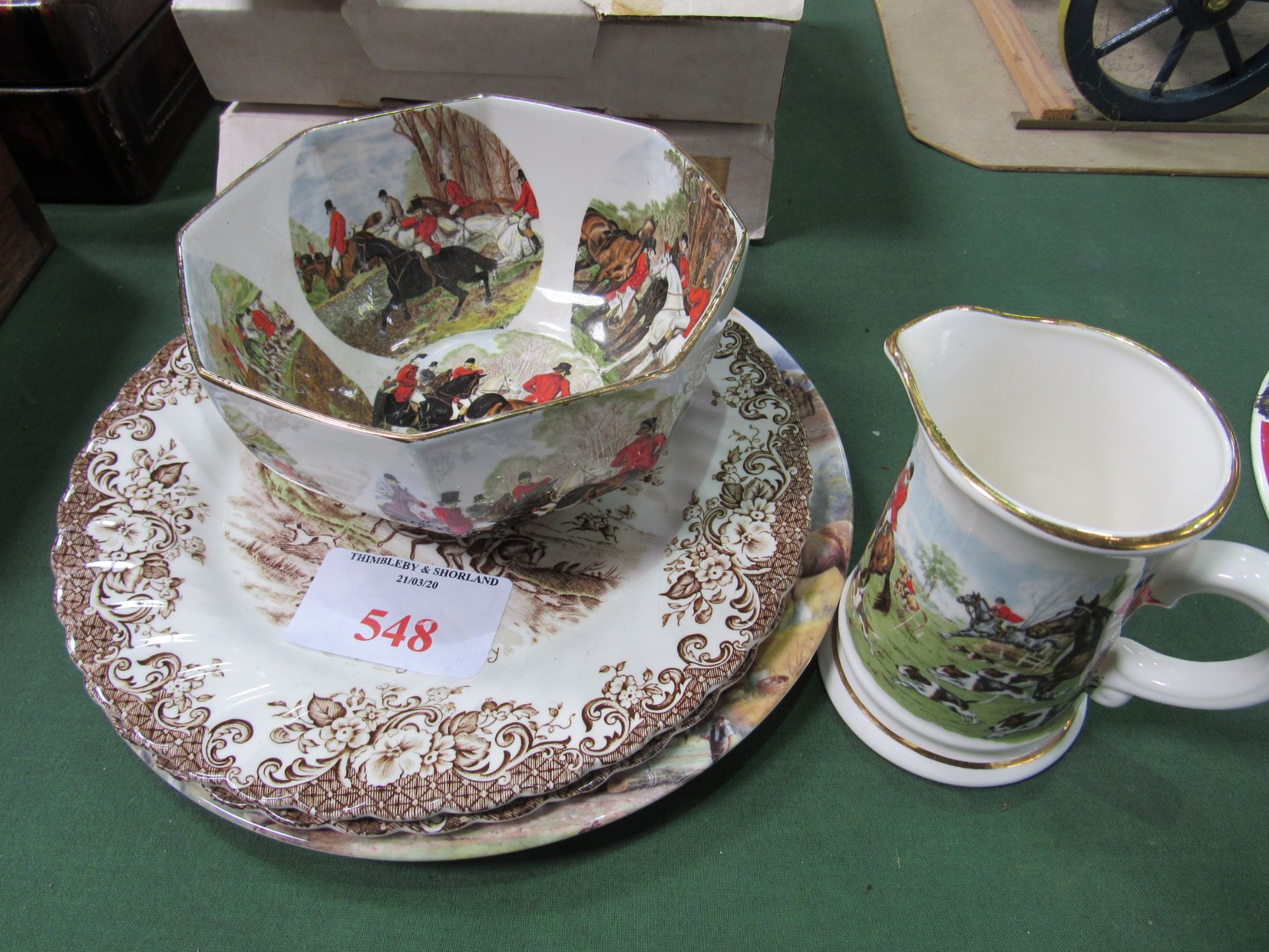 MacDonald decorated china bowl; 2 Johnson Bros coaching scene plates; 3 horse related wall plates.