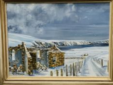 Framed oil on canvas of a winter scene, signed Elliott 1974.