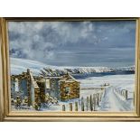 Framed oil on canvas of a winter scene, signed Elliott 1974.