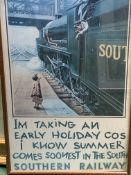 Framed and glazed 1950's reproduction poster of Southern Railway.