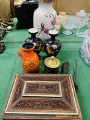Four vases; Trench Art tobacco jar 1916; sandlewood box with bone trim; Meiji period bronze pipe