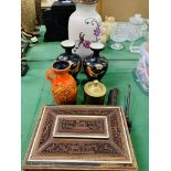 Four vases; Trench Art tobacco jar 1916; sandlewood box with bone trim; Meiji period bronze pipe