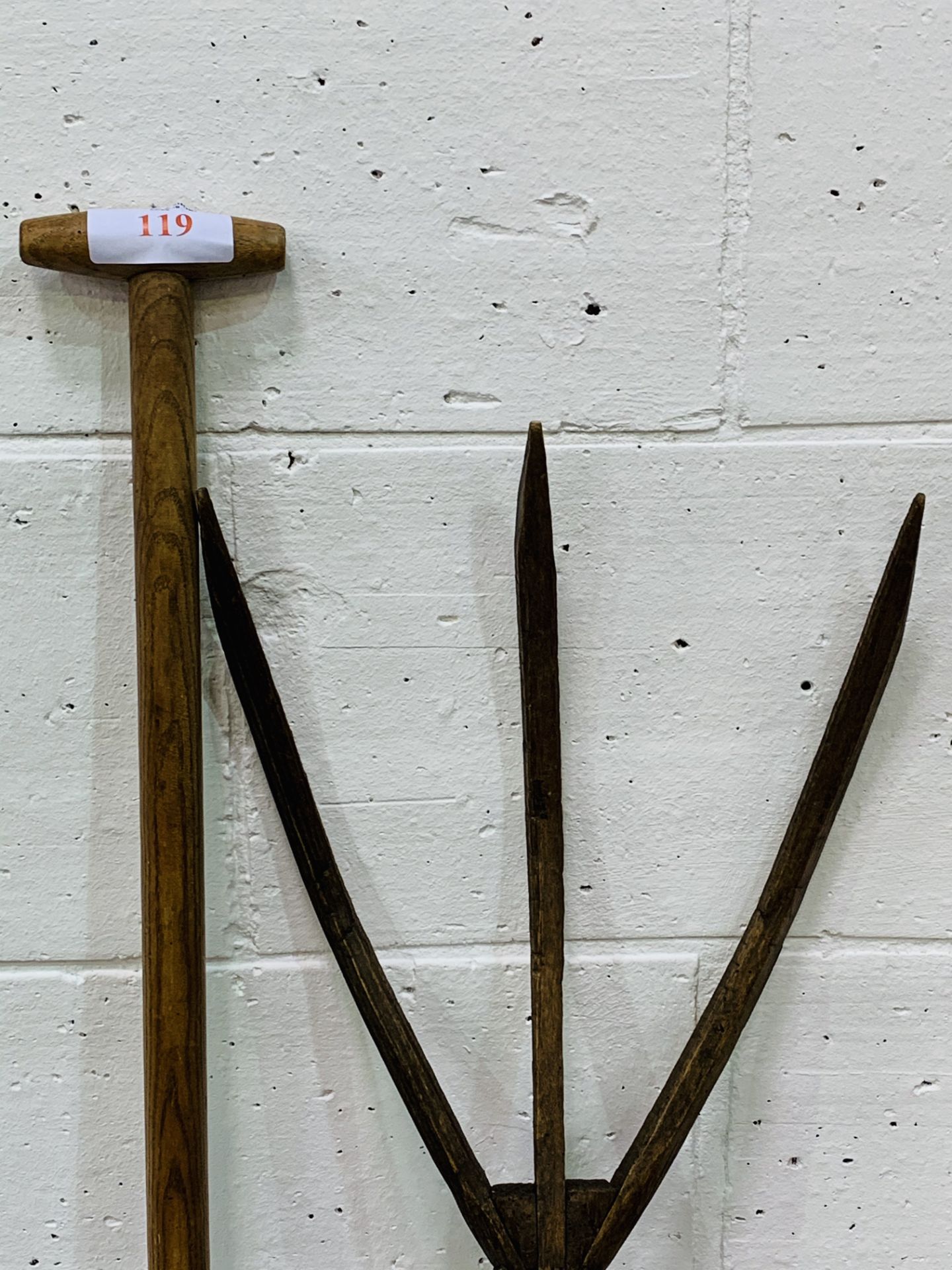 A wooden malt shovel, a hay fork, and a yolk. - Image 3 of 4