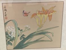 Pair of Chinese paintings on silk of flowers and butterflies, and another