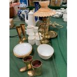 6 piece Shelley coffee set; American lamp wired for electric; assorted brassware.